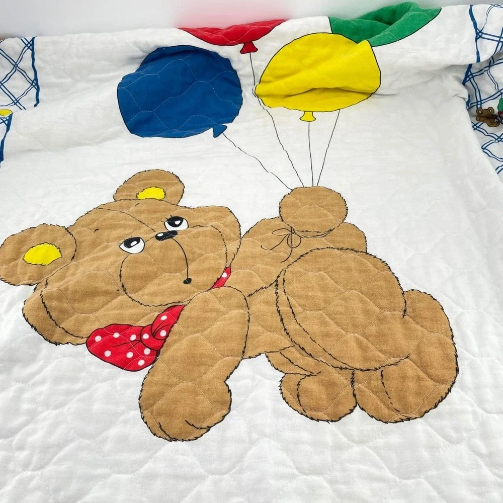 Vtg Thats Our Baby Teddy Bear Quilt & Dundee Flannel Blanket Set Balloons 2pc